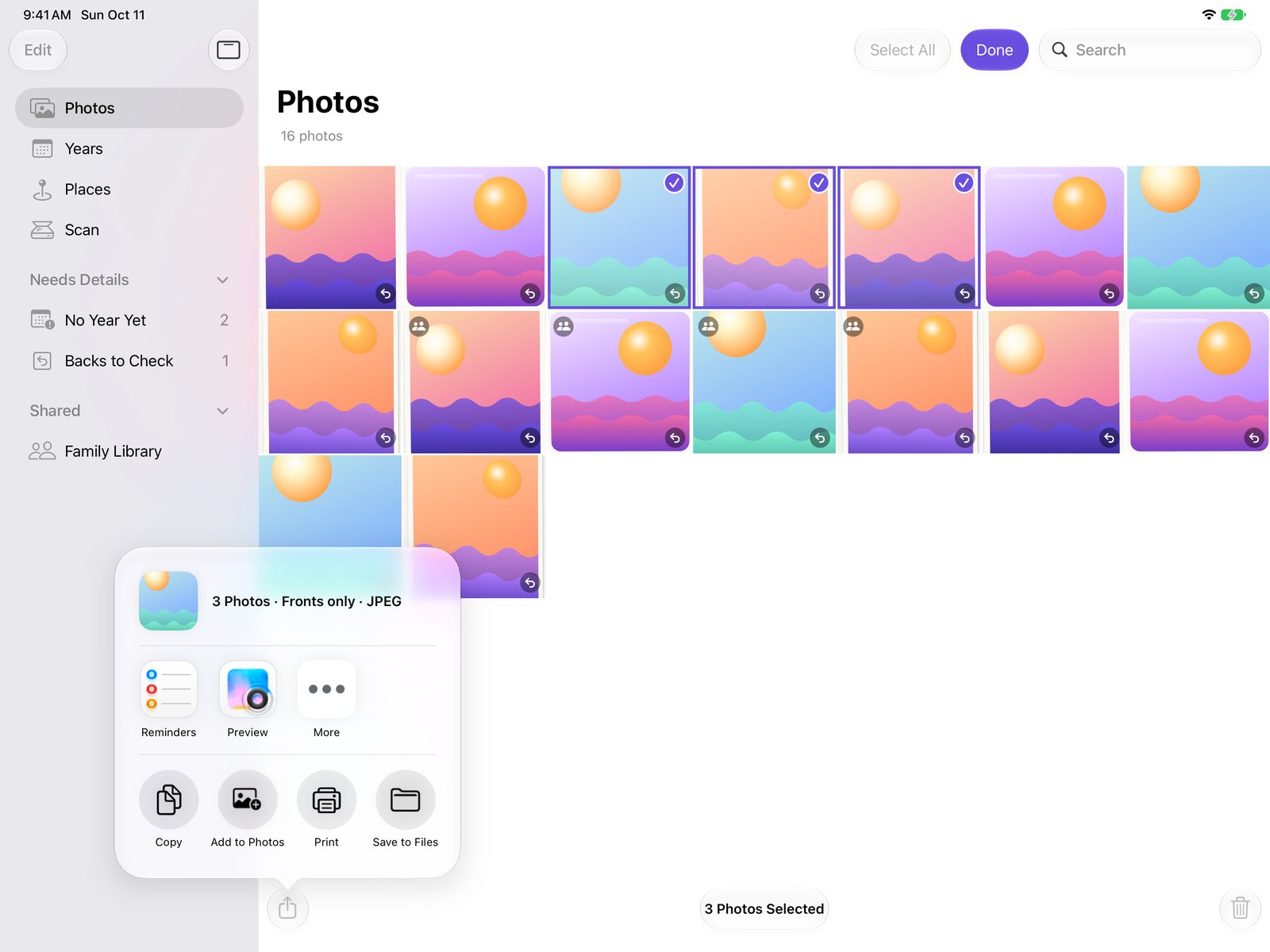 Three photos selected in the Library, with the share sheet open and Add to Photos in it