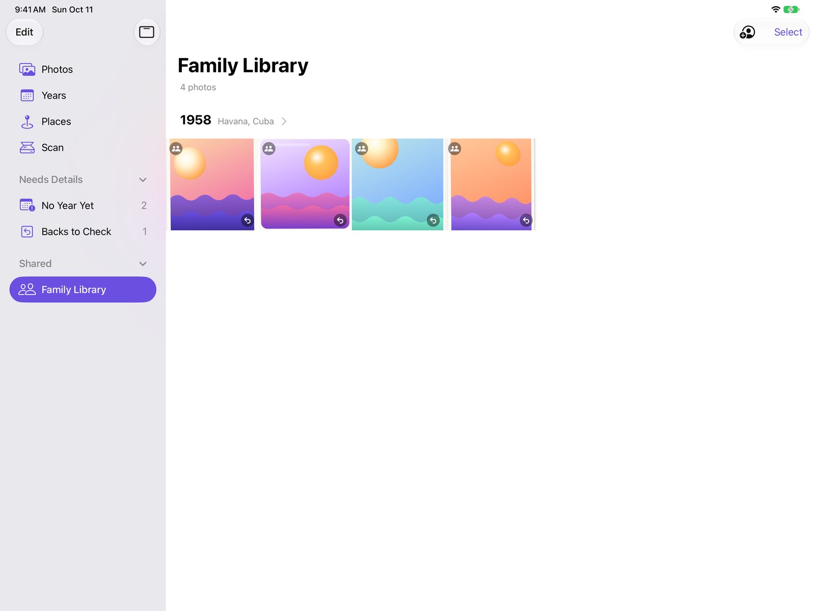 The Family Library in the sidebar, with photos shared by family